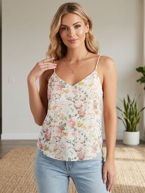 🌸 Dreamy Forever 21 White Floral V-Neck Spaghetti Strap Camisole Top! ✨